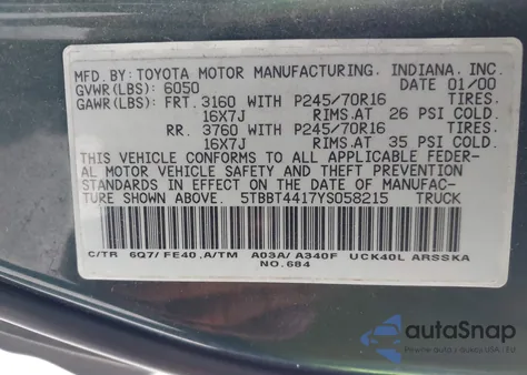 2000 Toyota Tundra Sr5 V8 from USA, damaged, VIN 5TBBT4417YS058215